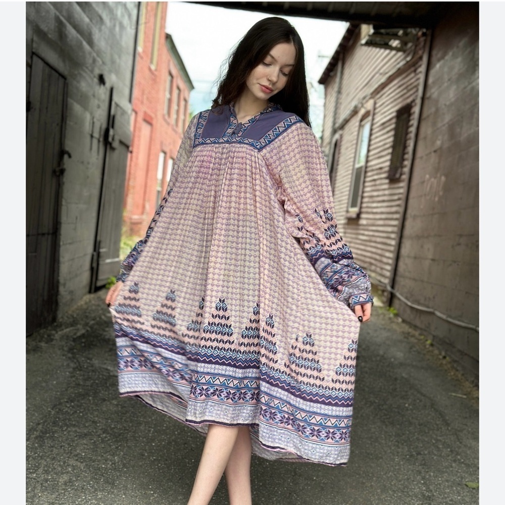 1970s Vintage Indian Cotton Dress-tunic-full Sleeve Boho Dress size medium